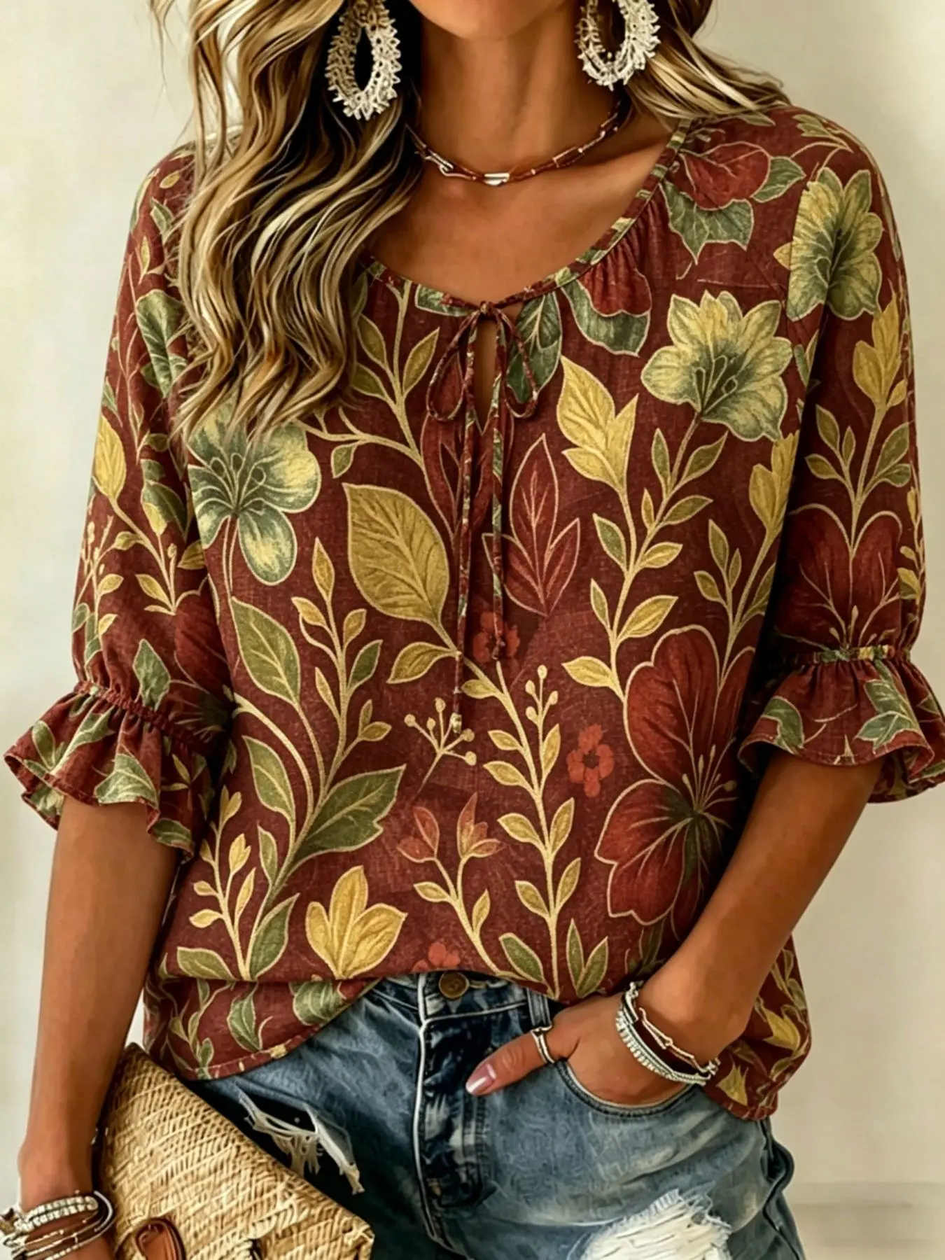 Women's Rust Red Botanical Print Tie Neck Blouse, Casual Loose Tops for Spring Summer Daily Wear & Vacation Occasions
Women's Rust Red Botanical Print Tie Neck Blouse, Casual Loose Tops for Spring Summer Daily Wear & Vacation Occasions