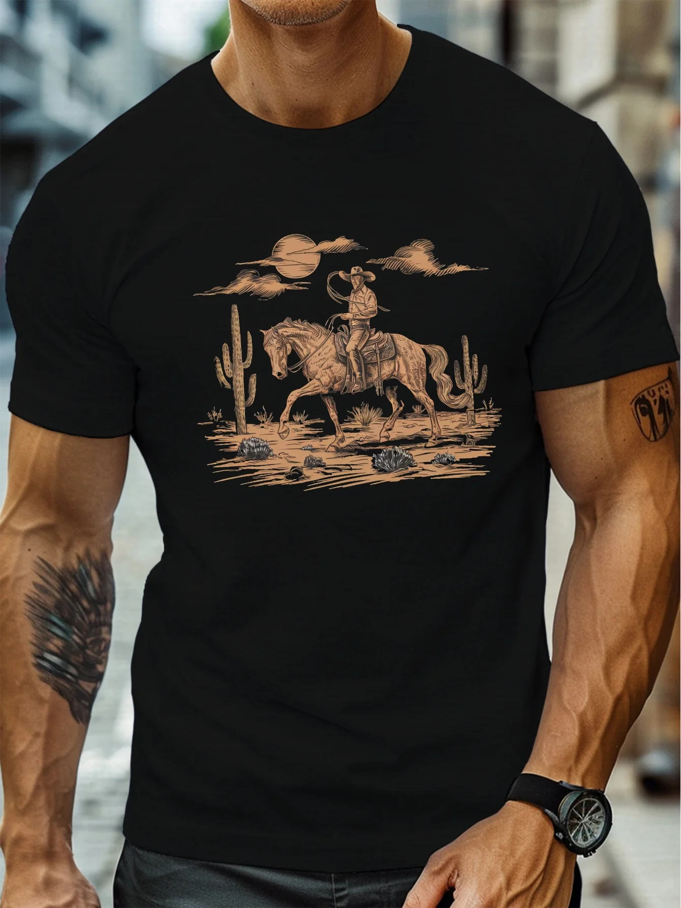 Cowboy Horse Riding Graphic Tee Men's Cotton Desert Scene Print Crew Neck Casual Short Sleeve T-Shirt
Cowboy Horse Riding Graphic Tee Men's Cotton Desert Scene Print Crew Neck Casual Short Sleeve T-Shirt