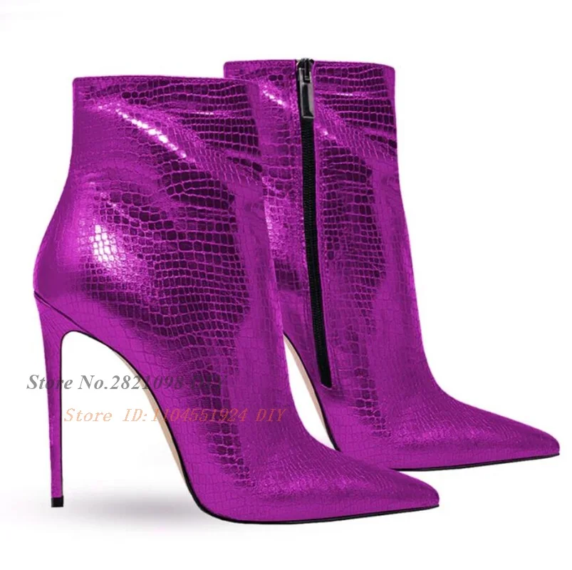 Snakeskin Leather Pointed Toe Purple Stiletto Heels Women Ankle Boots Side Zipper Thin High Heel Short Boot Party Shoes 
Snakeskin Leather Pointed Toe Purple Stiletto Heels Women Ankle Boots Side Zipper Thin High Heel Short Boot Party Shoes