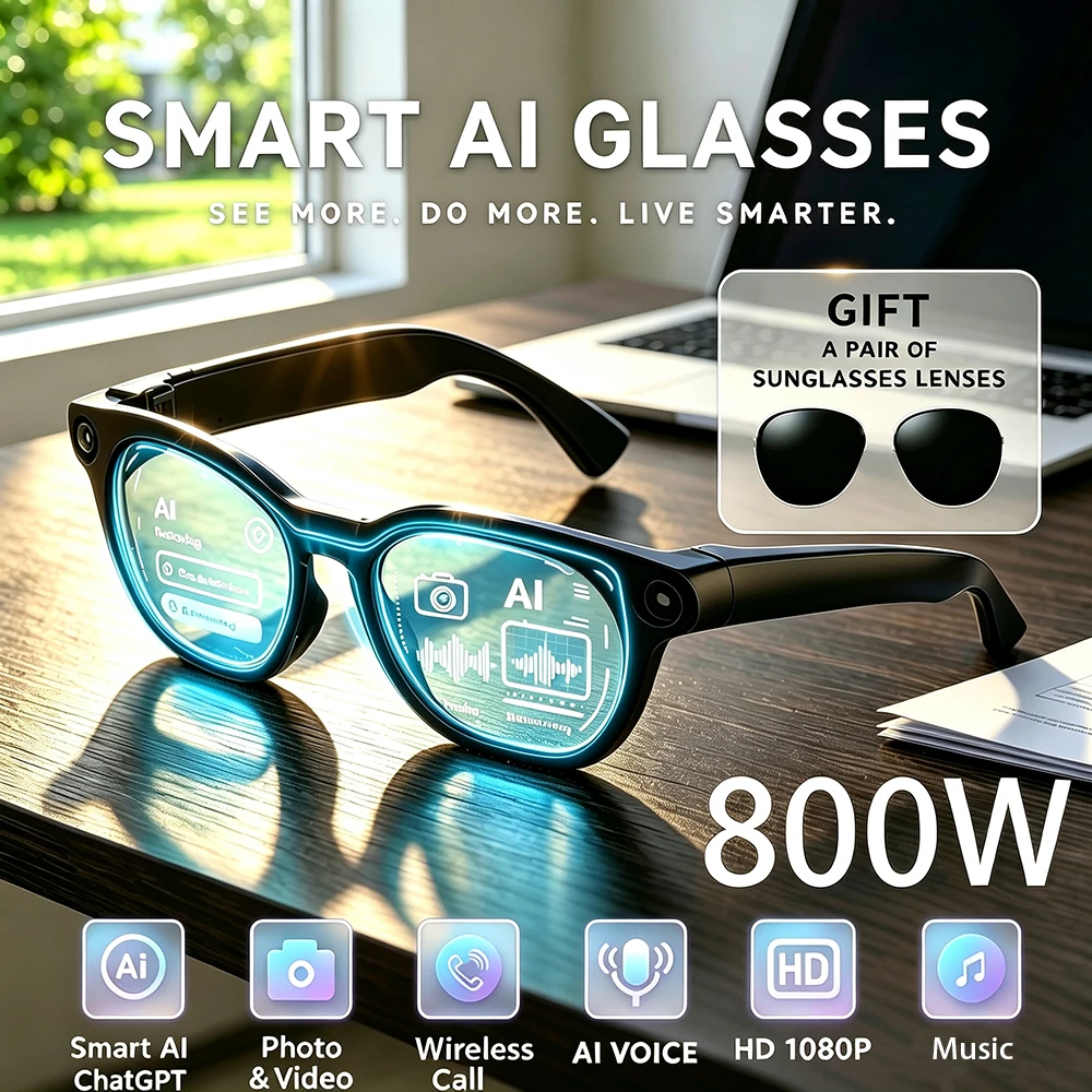 New AI Smart Glasses 800W HD Camera Video Record Wireless Call Touch Control WiFi Transfer HD Audio 300mAh Battery Smart Glasses
New AI Smart Glasses 800W HD Camera Video Record Wireless Call Touch Control WiFi Transfer HD Audio 300mAh Battery Smart Glasses