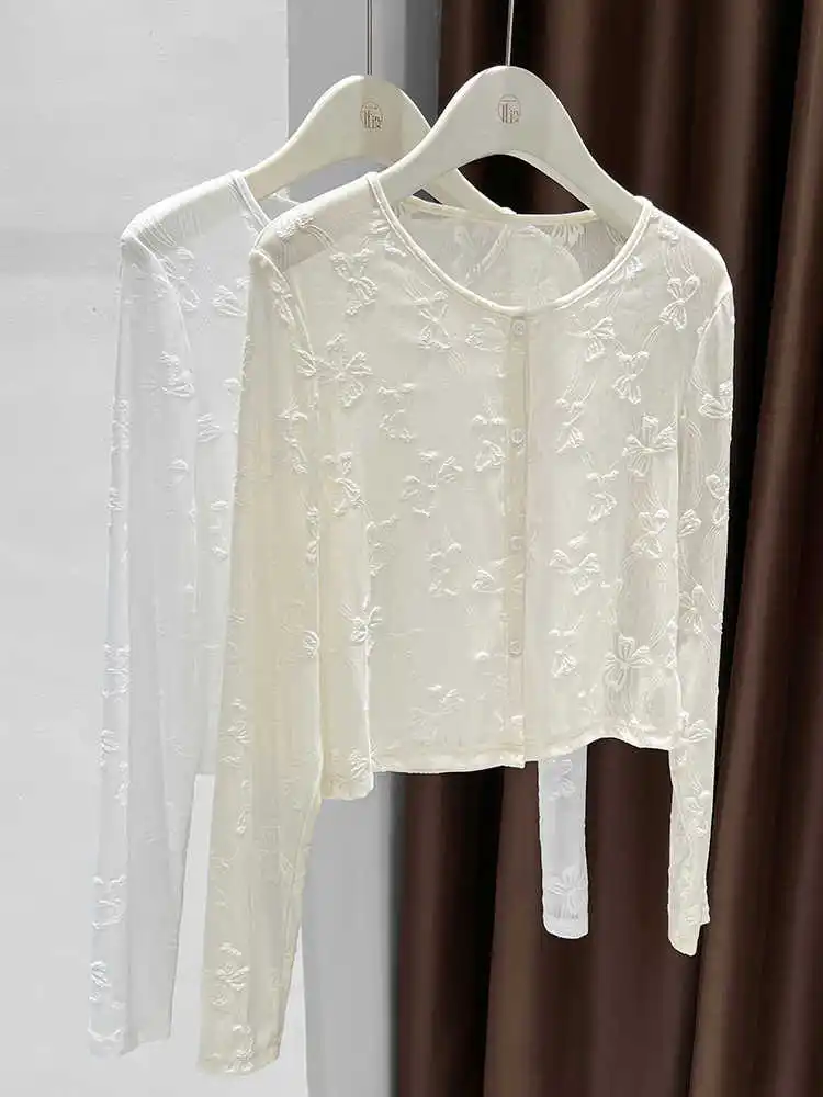 Summer Bow Mesh Cardigan Female Single Breasted Long Sleeved Thin Jacquard Shirt Casual Fashion Women Sun Protection Blouse
Summer Bow Mesh Cardigan Female Single Breasted Long Sleeved Thin Jacquard Shirt Casual Fashion Women Sun Protection Blouse