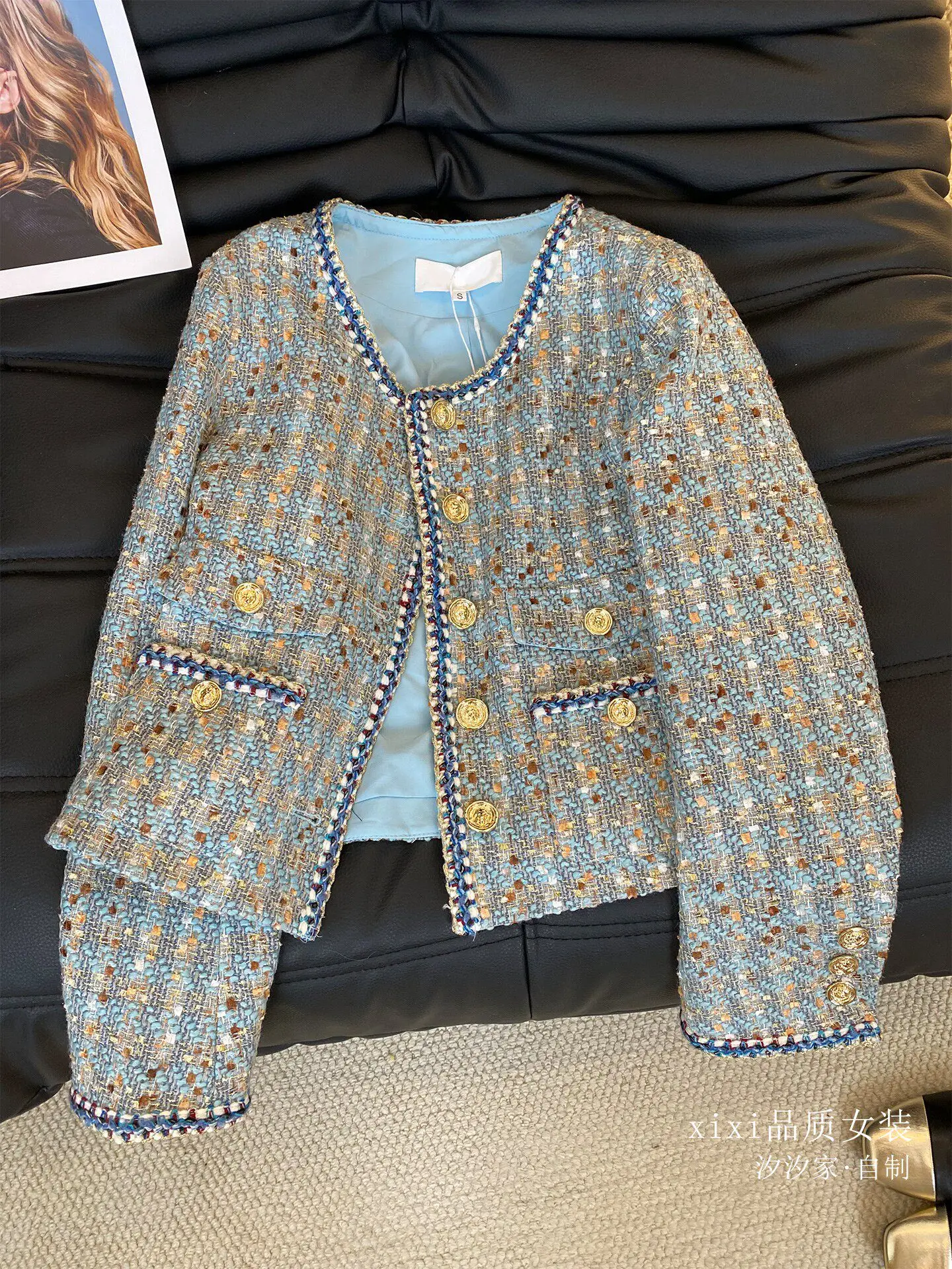 New Blue jacket, high-end exquisite shiny coarse tweed woven short top Coats
New Blue jacket, high-end exquisite shiny coarse tweed woven short top Coats