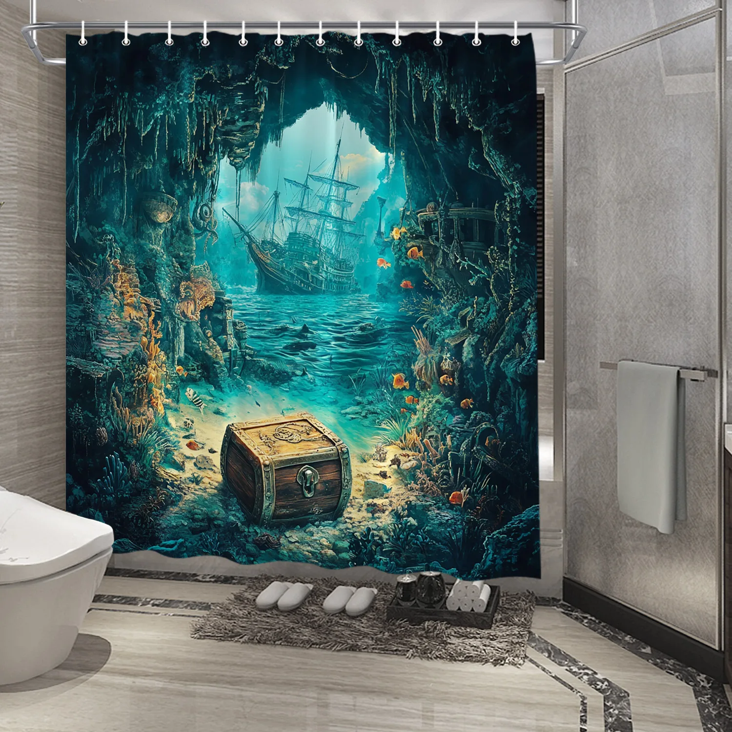 Mystical Underwater Cave Print Waterproof Shower Curtain, Treasure Chest & Ship Design High-End Toilet Partition Curtain
Mystical Underwater Cave Print Waterproof Shower Curtain, Treasure Chest & Ship Design High-End Toilet Partition Curtain