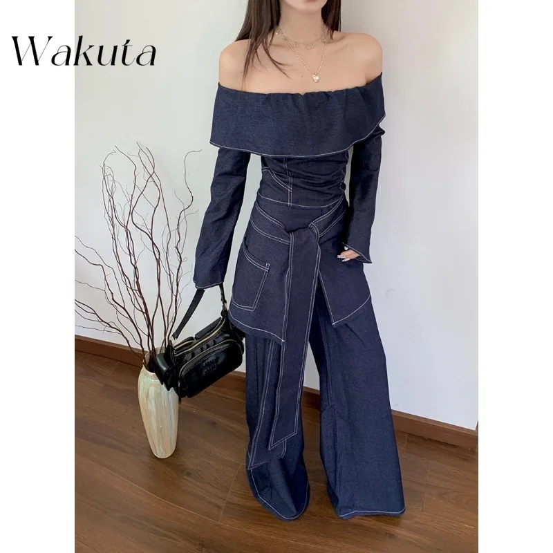WAKUTA Japanese Harajuku Spice Girls Denim One-Shoulder Top Simple High-Waisted Wide-Leg Pants with Fart Curtain 3-Piece Set Y2k
WAKUTA Japanese Harajuku Spice Girls Denim One-Shoulder Top Simple High-Waisted Wide-Leg Pants with Fart Curtain 3-Piece Set Y2k