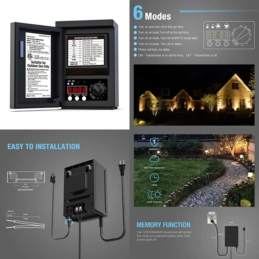 Low Voltage Transformer Outdoor Lighting Transformer for Landscape Lights with Photo Eye Sensor and Timer 120V AC to 12V AC 992
Low Voltage Transformer Outdoor Lighting Transformer for Landscape Lights with Photo Eye Sensor and Timer 120V AC to 12V AC 992