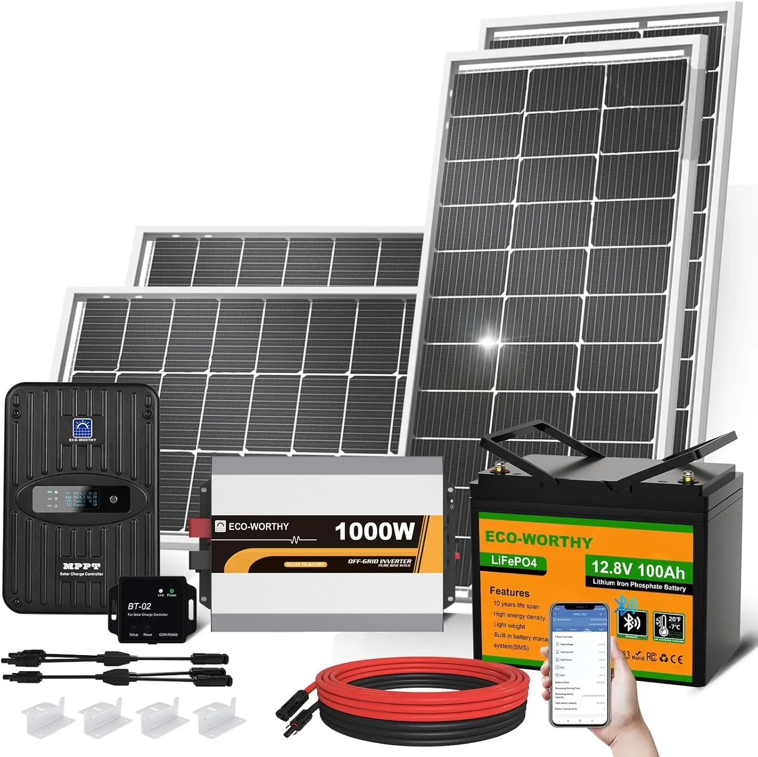 ECO-WORTHY 1.6KWH Complete Solar Panel Kit 400W 12V for RV Off Grid: 400W Solar Panels + 40A MPPT Charge Controller +12V 100Ah Lithium Battery + Solar Power Inverter + Bluetooth Module
ECO-WORTHY 1.6KWH Complete Solar Panel Kit 400W 12V for RV Off Grid: 400W Solar Panels + 40A MPPT Charge Controller +12V 100Ah Lithium Battery + Solar Power Inverter + Bluetooth Module