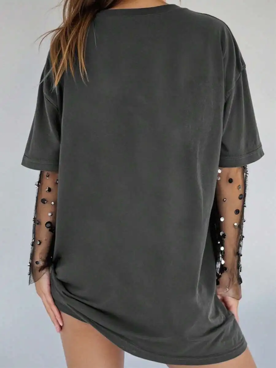 Loose Fit Drop Shoulder Short Sleeve T-Shirt With Sheer Beaded Sleeves
Loose Fit Drop Shoulder Short Sleeve T-Shirt With Sheer Beaded Sleeves