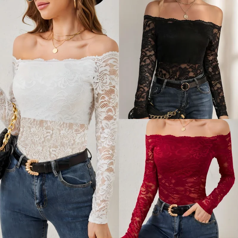 Elegant scalloped neckline neckline off-the-shoulder lace slim-fit T-shirt long sleeve top
Elegant scalloped neckline neckline off-the-shoulder lace slim-fit T-shirt long sleeve top