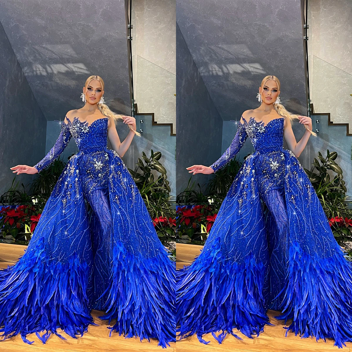 Feathers Royal Blue Mermaid Evening Dresses Lace Sequin One Shoulder Prom Gowns Custom Made Crystal with Overskirt Party Dresses
Feathers Royal Blue Mermaid Evening Dresses Lace Sequin One Shoulder Prom Gowns Custom Made Crystal with Overskirt Party Dresses