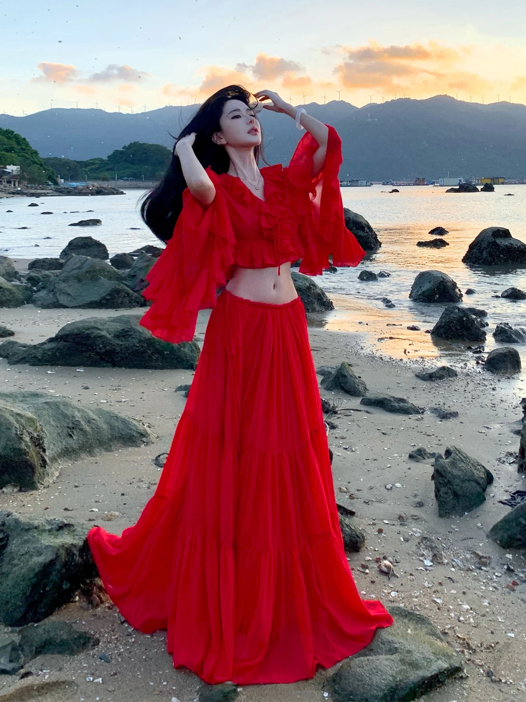 Комплект из красного топа и юбки с кружевной отделкой, праздничная шифоновая макси-юбка длиной f, наряд для фотосъемки, пляжный вид Vaion
Комплект из красного топа и юбки с кружевной отделкой, праздничная шифоновая макси-юбка длиной f, наряд для фотосъемки, пляжный вид Vaion