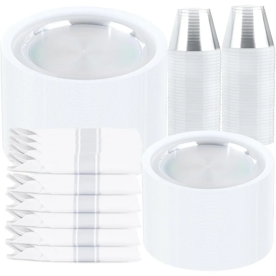 350 шт. прозрачные белые тарелки для 50 гостей Белая посуда включает 100 тарелок 50 чашек 50 предварительно закрученных салфеток с набором столовых приборов для
350 шт. прозрачные белые тарелки для 50 гостей Белая посуда включает 100 тарелок 50 чашек 50 предварительно закрученных салфеток с набором столовых приборов для