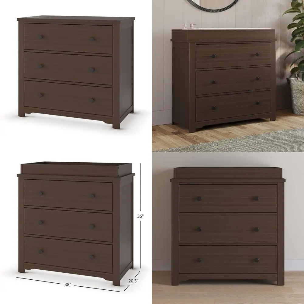 38 Wide Nursery Dresser with Change Table Top, Glides, Safety Features, Brushed Nickel Finish
38 Wide Nursery Dresser with Change Table Top, Glides, Safety Features, Brushed Nickel Finish