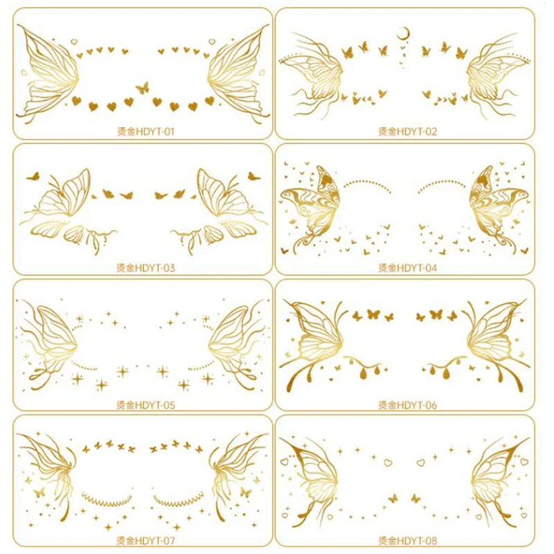 Временные татуировки на лицо, золотистые, металлические, водостойкие, декоративные наклейки для девочек, вечеринок, фестивалей, с блестками, в виде бабочек
Временные татуировки на лицо, золотистые, металлические, водостойкие, декоративные наклейки для девочек, вечеринок, фестивалей, с блестками, в виде бабочек