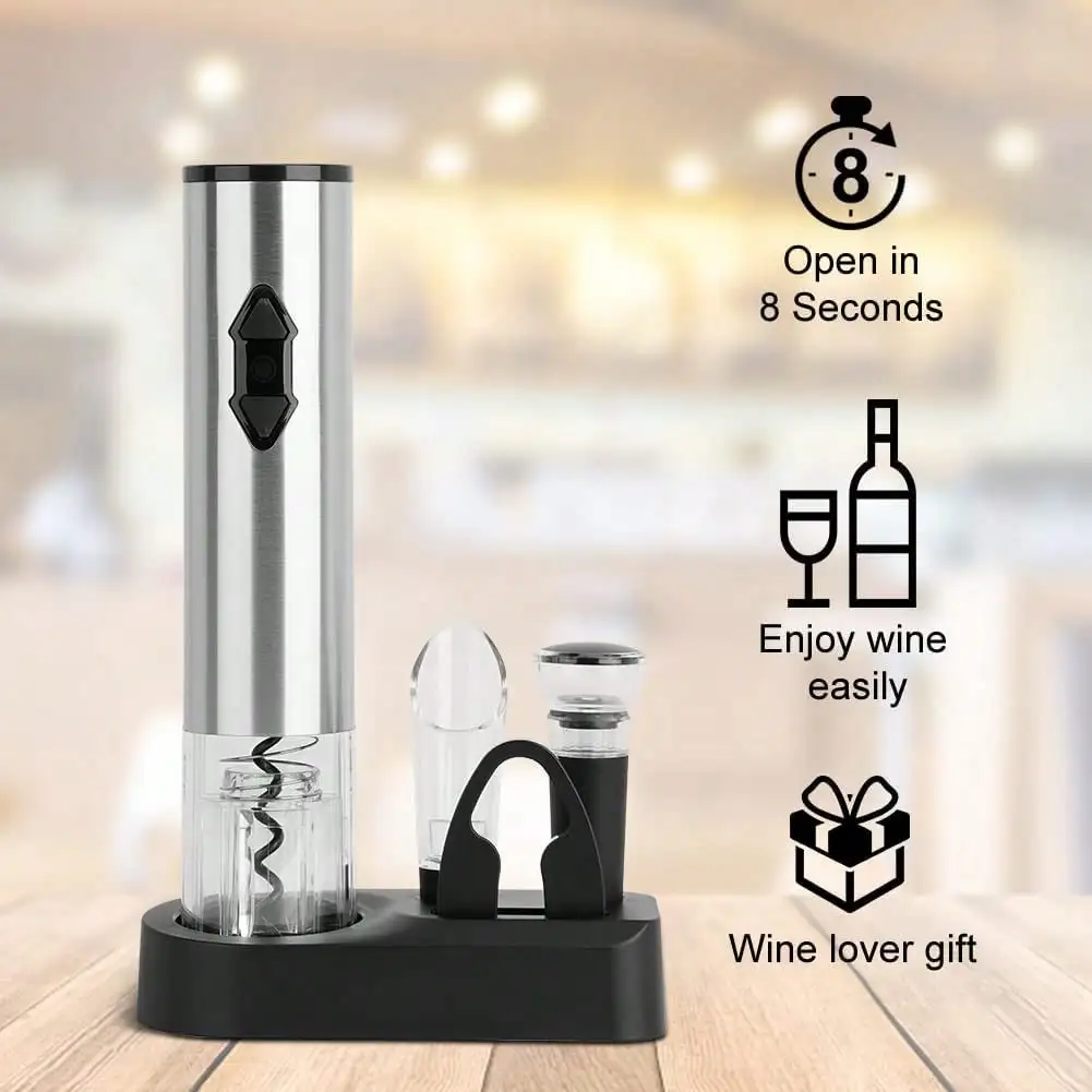 5-In-1 Wine Opener Gift Set Stainless Steel Electric Wine Bottle Opener Battery Operated Corkscrew With Foil Cutter, Wine Pour, Wine Stopper And Storage Base, Silver
5-In-1 Wine Opener Gift Set Stainless Steel Electric Wine Bottle Opener Battery Operated Corkscrew With Foil Cutter, Wine Pour, Wine Stopper And Storage Base, Silver