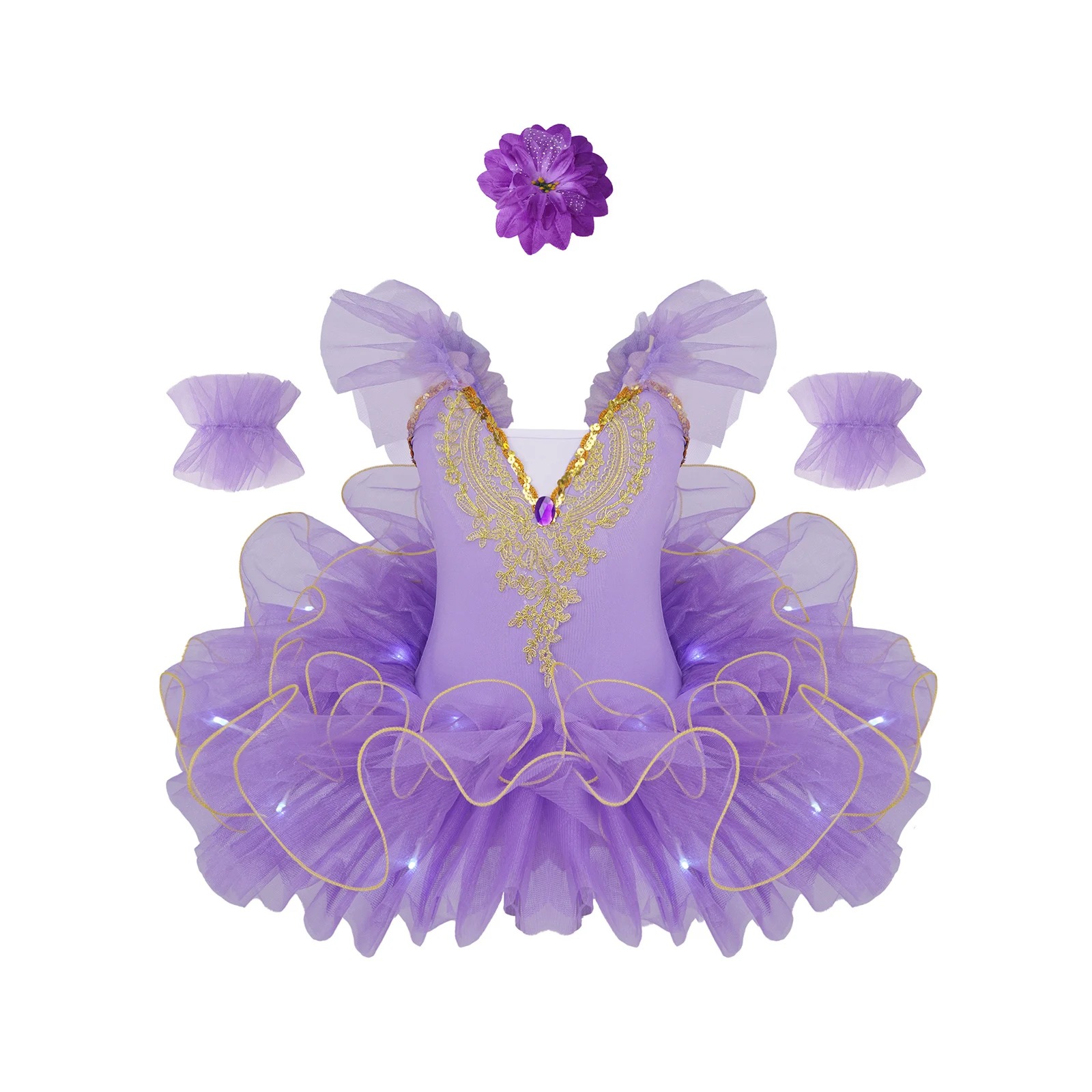Kids Girls Ballet Leotard Dress Ruffle Sleeve Applique Tutu Dress with Cuffs and Headwear for Professional Dance Showcase Event
Kids Girls Ballet Leotard Dress Ruffle Sleeve Applique Tutu Dress with Cuffs and Headwear for Professional Dance Showcase Event