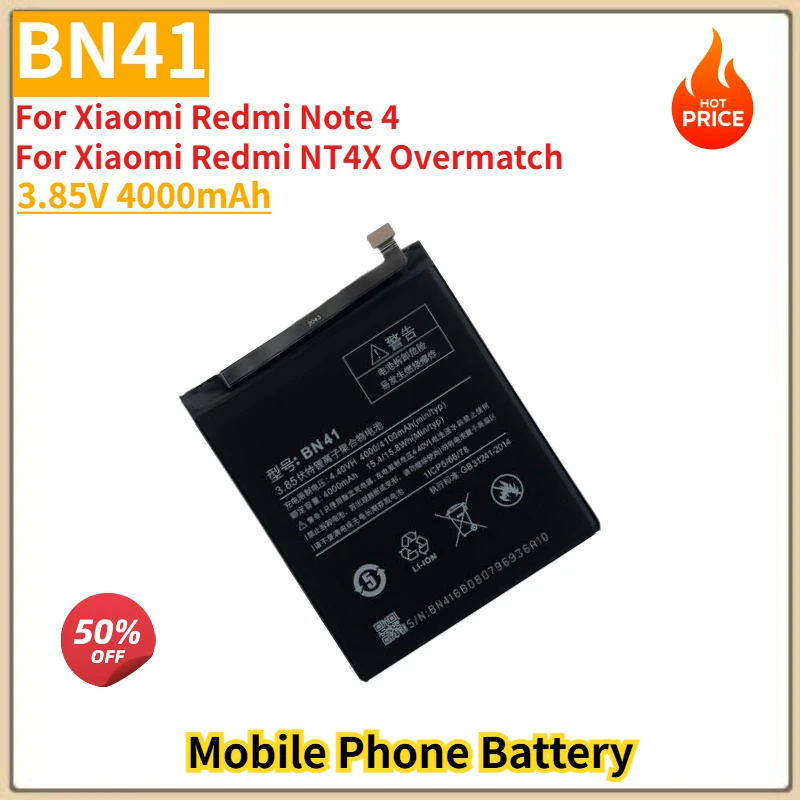 BN41 High Quality Phone Battery 3.85V 4000mAh For Xiaomi Redmi Note 4 / NT4X Overmatch Brand New Replacement Battery
BN41 High Quality Phone Battery 3.85V 4000mAh For Xiaomi Redmi Note 4 / NT4X Overmatch Brand New Replacement Battery