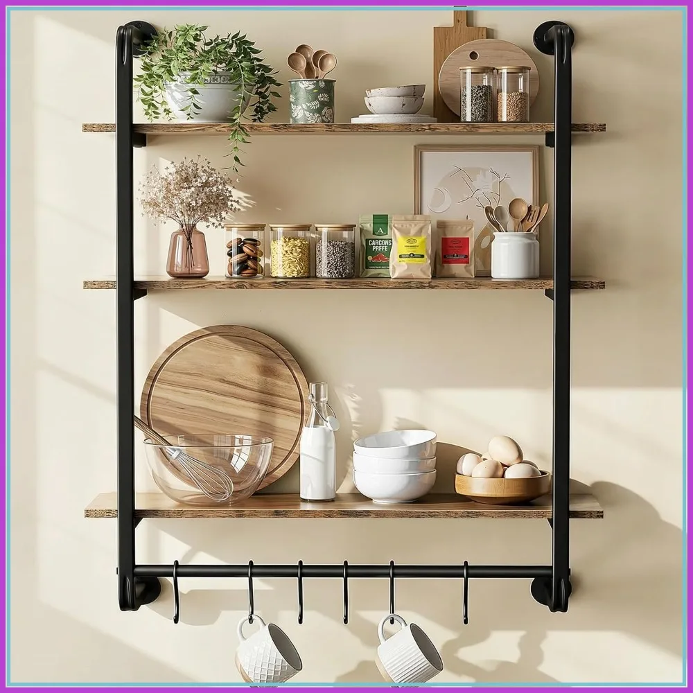 3 Tier Industrial Pipe Floating Shelf, 24" Kitchen Wall Shelves with Towel Bar & Hooks for Home Décor, Rustic Brown
3 Tier Industrial Pipe Floating Shelf, 24" Kitchen Wall Shelves with Towel Bar & Hooks for Home Décor, Rustic Brown