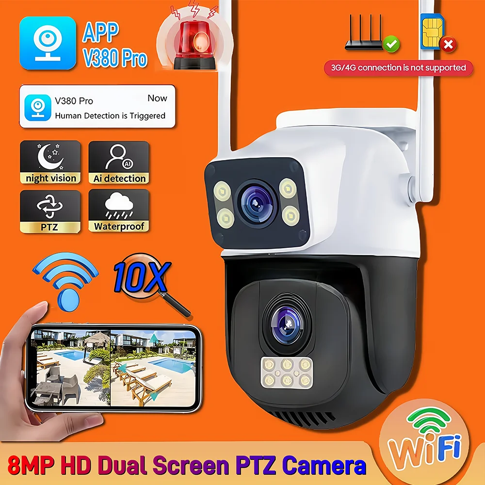 4K 8MP Dual Lens WiFi IP Camera Night Vision Ai Human Detect PTZ Outdoor Video Camara Wireless V380 Pro CCTV Security Protection
4K 8MP Dual Lens WiFi IP Camera Night Vision Ai Human Detect PTZ Outdoor Video Camara Wireless V380 Pro CCTV Security Protection