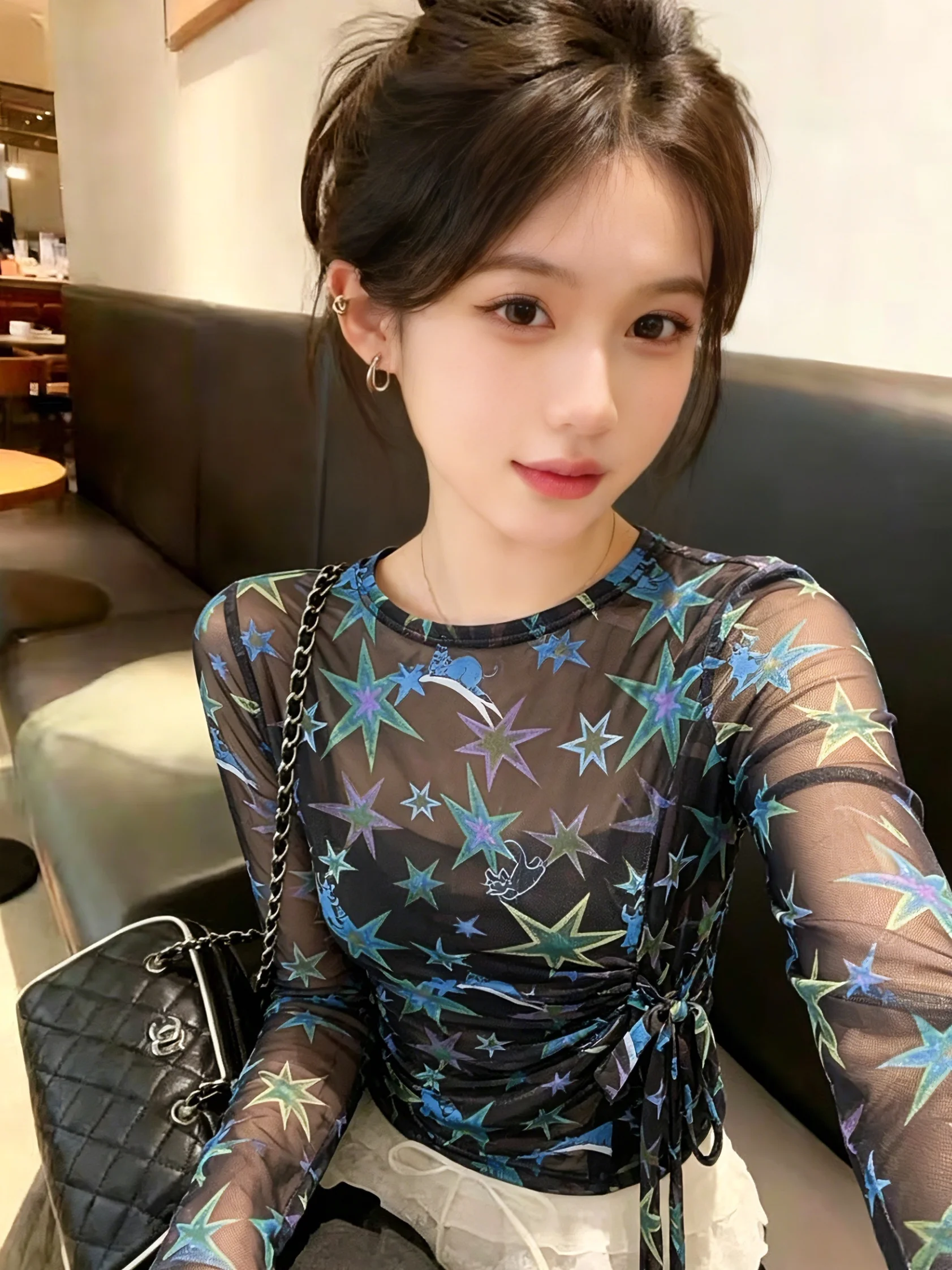 Retro Star Print Long Sleeve Mesh T-Shirt Women's Summer New Style Belted Slimming Cover up Korean Style Straight Cut Silk
Retro Star Print Long Sleeve Mesh T-Shirt Women's Summer New Style Belted Slimming Cover up Korean Style Straight Cut Silk