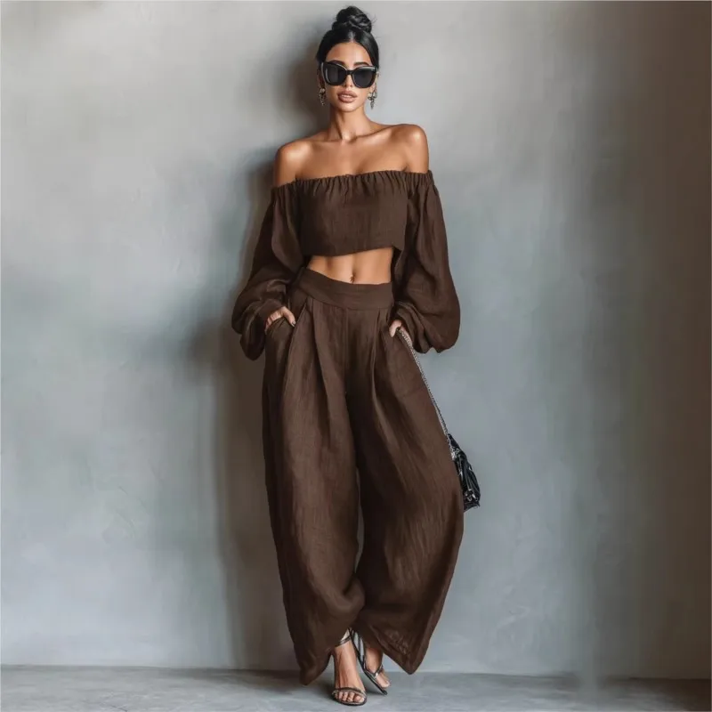 Women's Solid Color Pants Set 2026 Summer Off-shoulder Top + Wide-leg Pants 2-piece Set Loose Women's Clothing Trousers Suit
Women's Solid Color Pants Set 2026 Summer Off-shoulder Top + Wide-leg Pants 2-piece Set Loose Women's Clothing Trousers Suit
