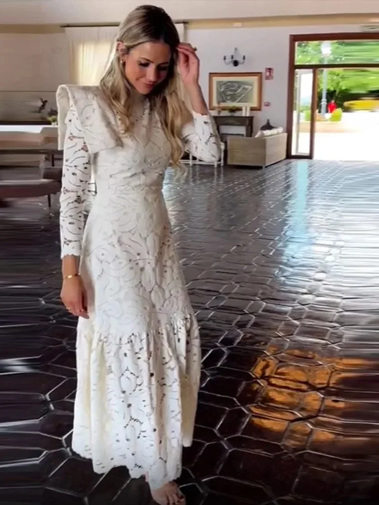 Lace Crochet Long Dress Hollow Out Small Cape Stand Collar Slim Fit Waist Cinched Cloak Beach Dresses Solid Color Elegant Robes
Lace Crochet Long Dress Hollow Out Small Cape Stand Collar Slim Fit Waist Cinched Cloak Beach Dresses Solid Color Elegant Robes