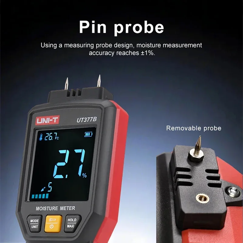 UNI-TUT377B Pin Moisture Meter Wood Humidity Tester Wood and Building Materials Measurement Timber Damp Detector LED Flashlight