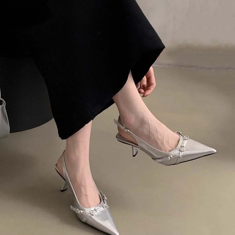 Buckle Decorate Cusp High-heeled Shoes Black Silver with Ankle Straps Point Head Thin Heel Sandals Elegant PU Leather
Buckle Decorate Cusp High-heeled Shoes Black Silver with Ankle Straps Point Head Thin Heel Sandals Elegant PU Leather