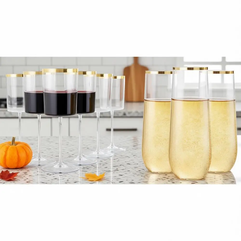 12 Pack Plastic Wine Glasses and 24 Pack Gold Plastic Champagne Flutes
12 Pack Plastic Wine Glasses and 24 Pack Gold Plastic Champagne Flutes