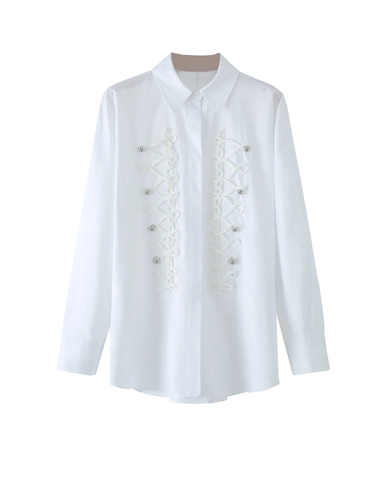 Women White Turn-down Collar Long Sleeve Shirt Front Rope Knot Silvery Bead Loose Blouse Tops
Women White Turn-down Collar Long Sleeve Shirt Front Rope Knot Silvery Bead Loose Blouse Tops