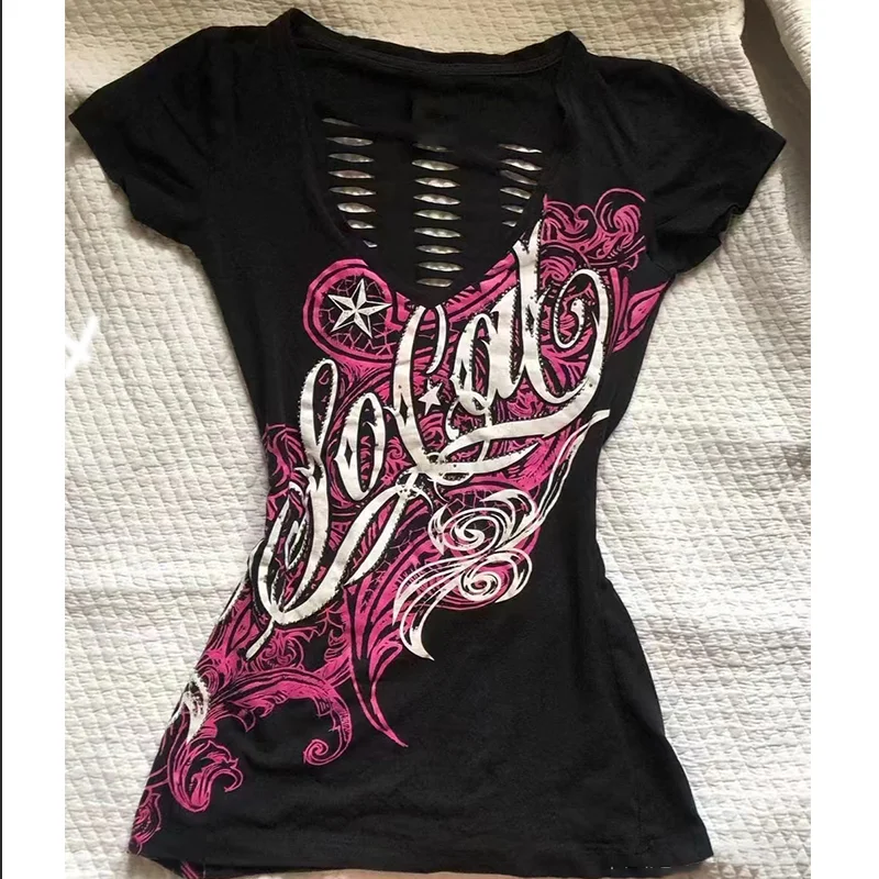 Deeptown Gothic Graphic Hollow Out T-Shirts Women Y2k Black Vintage Short Sleeve V Neck Grunge Tees Slim Punk Hole Streetwear
Deeptown Gothic Graphic Hollow Out T-Shirts Women Y2k Black Vintage Short Sleeve V Neck Grunge Tees Slim Punk Hole Streetwear