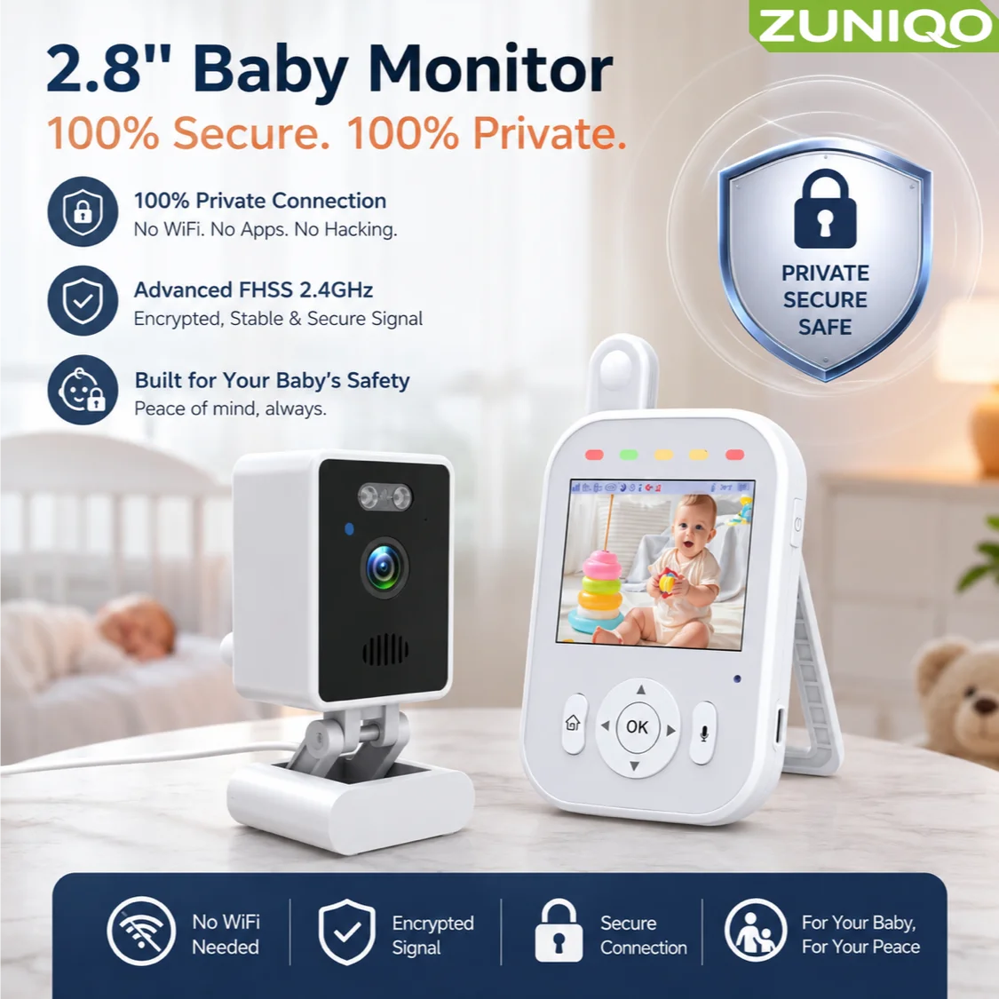 Smart Baby Monitor 2.8" 720P Video Camera, Cry Detection, Long Battery Life, Portable Infant Newborn Monitor, No WiFi
Smart Baby Monitor 2.8" 720P Video Camera, Cry Detection, Long Battery Life, Portable Infant Newborn Monitor, No WiFi