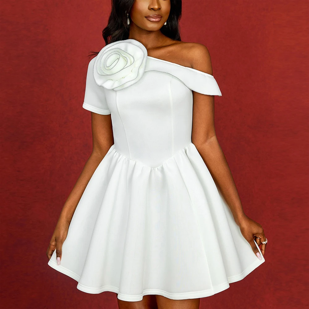 Sexy White Dresses for Women One Shoulder Floral Decorate Pleated A Line Knee Length Luxury Female Birthday Party Dinner Vestido
Sexy White Dresses for Women One Shoulder Floral Decorate Pleated A Line Knee Length Luxury Female Birthday Party Dinner Vestido