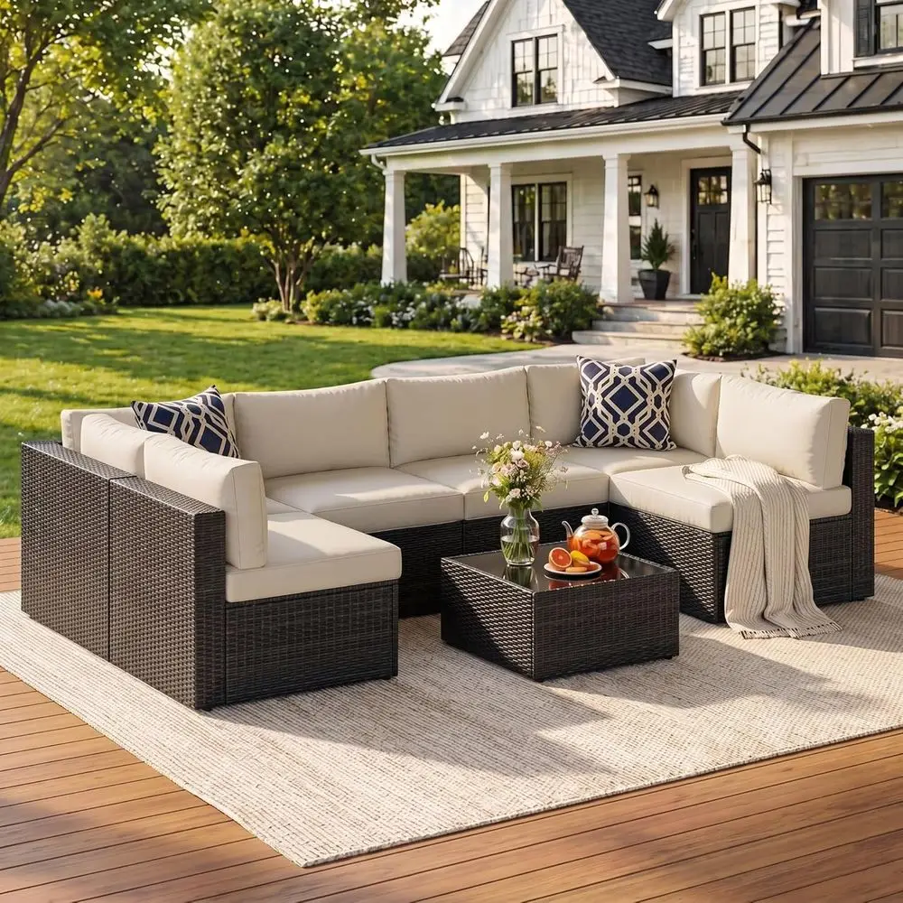 All-Weather Rattan Outdoor Sectional Sofa Set with Glass Top Coffee Table, Waterproof Cushions and Pillows for Poolside or Backy
All-Weather Rattan Outdoor Sectional Sofa Set with Glass Top Coffee Table, Waterproof Cushions and Pillows for Poolside or Backy