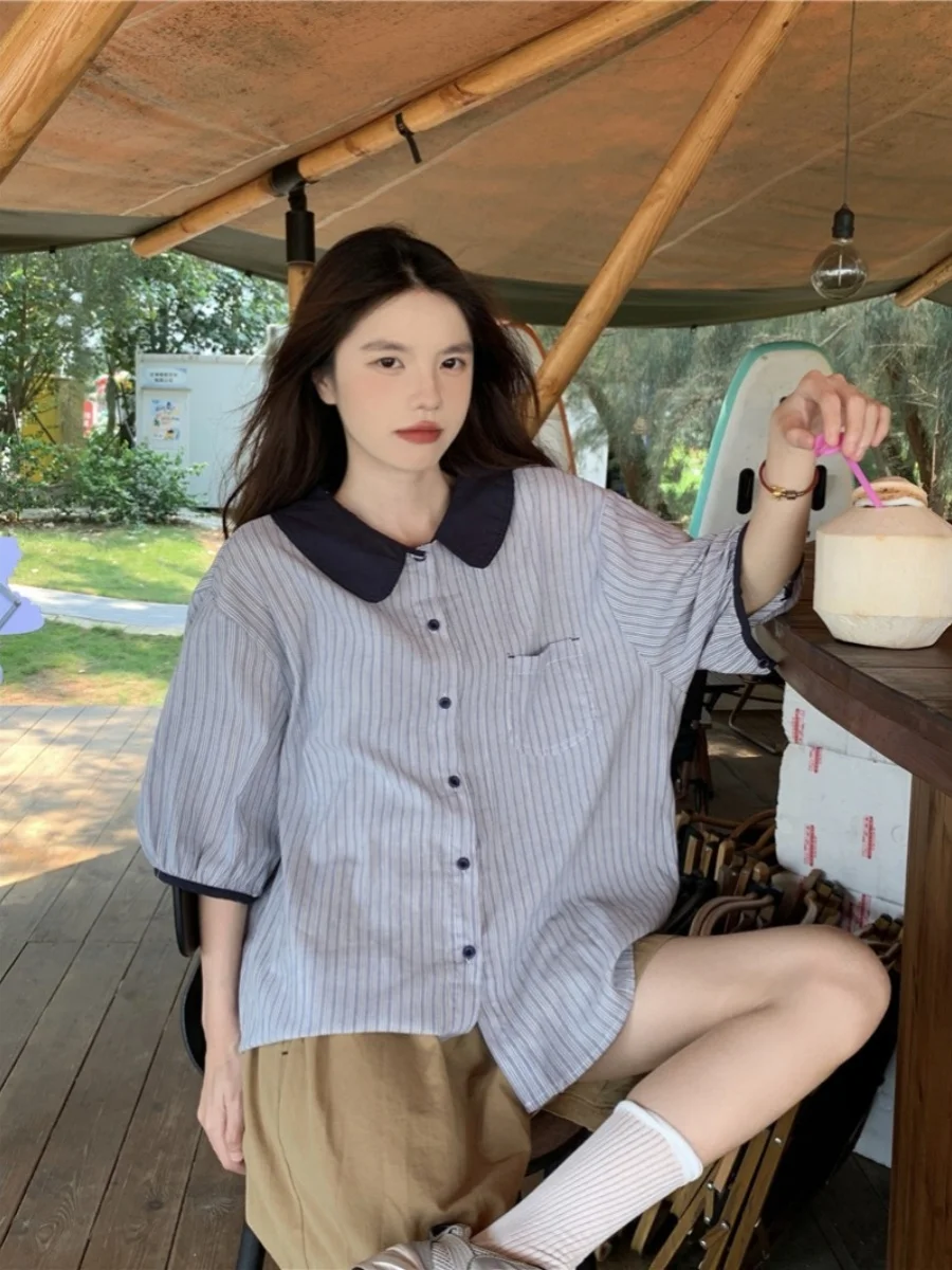 Loose Casual Summer New Korean Style plus Size Women's Shirt Short Sleeve Doll Collar Striped Pattern Open Cardigan Top
Loose Casual Summer New Korean Style plus Size Women's Shirt Short Sleeve Doll Collar Striped Pattern Open Cardigan Top