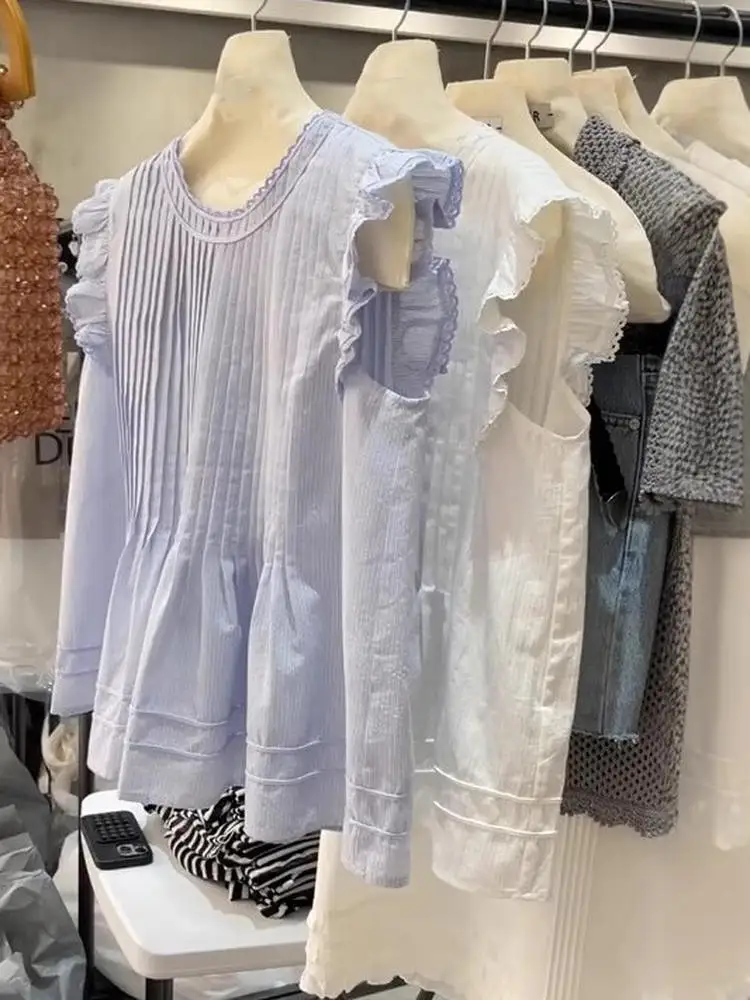 Korean Style round Neck Fly Sleeve Shirt Women Summer New Loose Slimming Blue Top Commute Versatile Casual Fashion
Korean Style round Neck Fly Sleeve Shirt Women Summer New Loose Slimming Blue Top Commute Versatile Casual Fashion