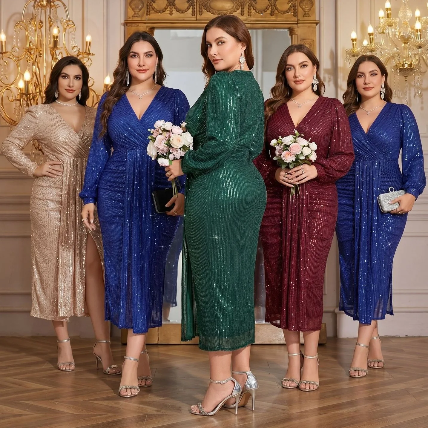 Evening Gown Large Size Women's Fashion V-Neck Long Sleeve Slit Sparkling Elegant plus Size Matron of Cross-Border
Evening Gown Large Size Women's Fashion V-Neck Long Sleeve Slit Sparkling Elegant plus Size Matron of Cross-Border