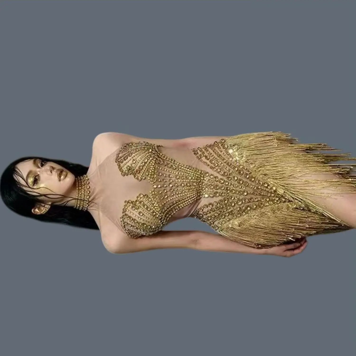 Club Sleeveless Mini Dress White Pearls Gold Crystals Sexy See Through Mesh Tassel Dress gig Event Latin Dance Outfit Shanbei
Club Sleeveless Mini Dress White Pearls Gold Crystals Sexy See Through Mesh Tassel Dress gig Event Latin Dance Outfit Shanbei