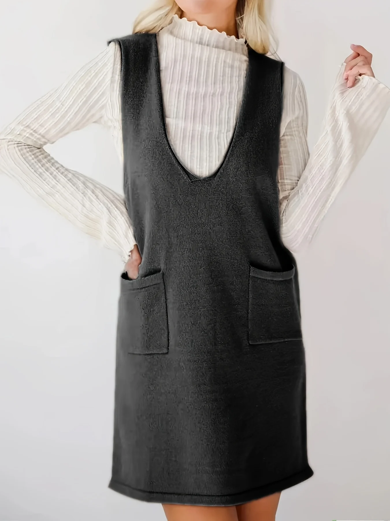 Plus Size Women Sweater Vest Dress V Neck Sleeveless Longline Knitted Patch Pockets Loose Fit Casual Autumn Winter Black
Plus Size Women Sweater Vest Dress V Neck Sleeveless Longline Knitted Patch Pockets Loose Fit Casual Autumn Winter Black