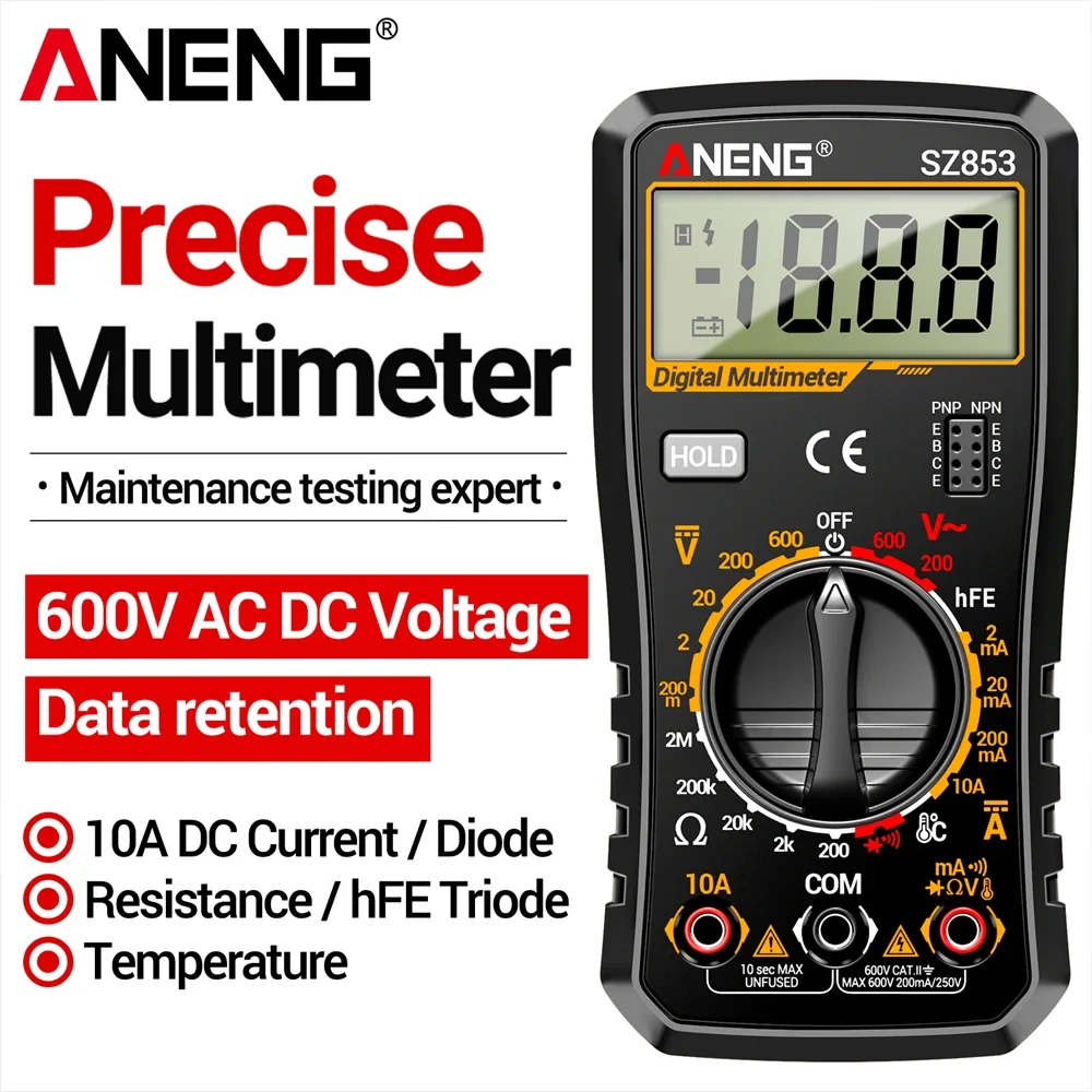 ANENG SZ853 Digital Multimeter Voltmeter 1999 Counts AC DC Voltage Current Resistance Temperature Tester with Buzzer Diode Test
ANENG SZ853 Digital Multimeter Voltmeter 1999 Counts AC DC Voltage Current Resistance Temperature Tester with Buzzer Diode Test