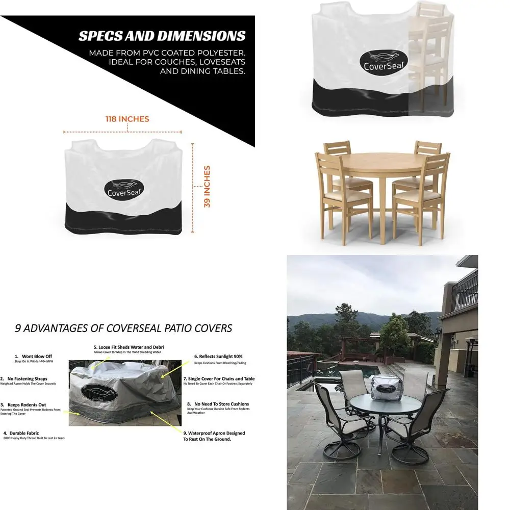 Water-Resistant Rectangular Outdoor Furniture Cover with Ground-Hugging Apron Seal, Fits Small Tables and Chairs, 114 x 50
Water-Resistant Rectangular Outdoor Furniture Cover with Ground-Hugging Apron Seal, Fits Small Tables and Chairs, 114 x 50