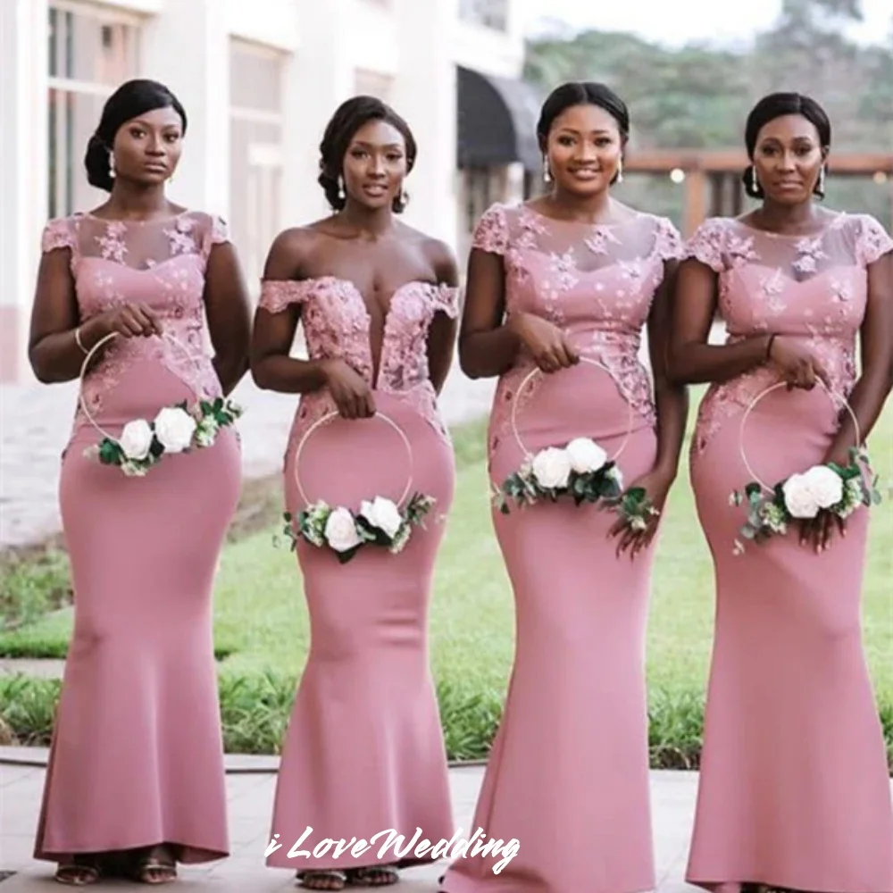 Pink Satin Bridesmaid Dresses Appliques Mermaid Cap Sleeves Women O-Neck Floor Length Dress Sexy Wedding Guest Dress Customized
Pink Satin Bridesmaid Dresses Appliques Mermaid Cap Sleeves Women O-Neck Floor Length Dress Sexy Wedding Guest Dress Customized