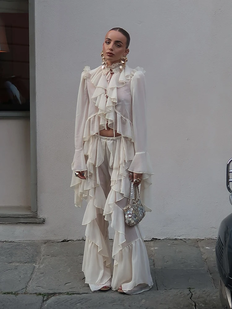 Chic 2025 Feminine Ruffled Pants Sets Casual Floor-length Trousers With Deep V Neck Full Sleeves Suits Fashionable Street Wear
Chic 2025 Feminine Ruffled Pants Sets Casual Floor-length Trousers With Deep V Neck Full Sleeves Suits Fashionable Street Wear