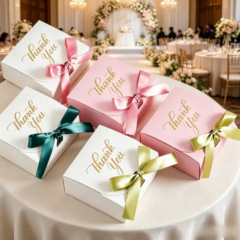 50Pcs Chic Gold Stamp Thank You Candy Boxes With Lid Ribbon Wedding Birthday Christmas Thanksgiving Day Party Favors Gift Boxes