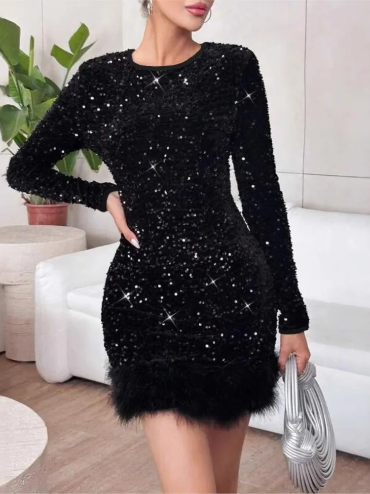 Sexy Dresses Solid Color Sequined Long-sleeved Round Neck Mid-waist Hip-covering Robe Office Business Birthday Party Vestidos
Sexy Dresses Solid Color Sequined Long-sleeved Round Neck Mid-waist Hip-covering Robe Office Business Birthday Party Vestidos