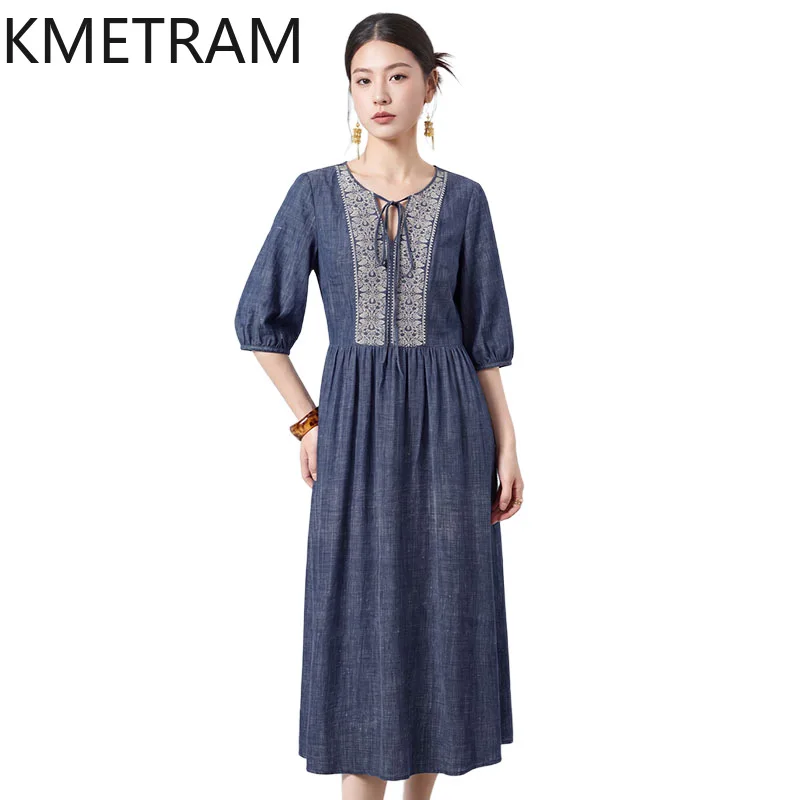 KMETRAM 100% Mulberry Silk Women's Casual Dresses Denim Blue Embroidered Midi Dress Retro Summer Dresses Woman Clothes 2026 원피스
KMETRAM 100% Mulberry Silk Women's Casual Dresses Denim Blue Embroidered Midi Dress Retro Summer Dresses Woman Clothes 2026 원피스