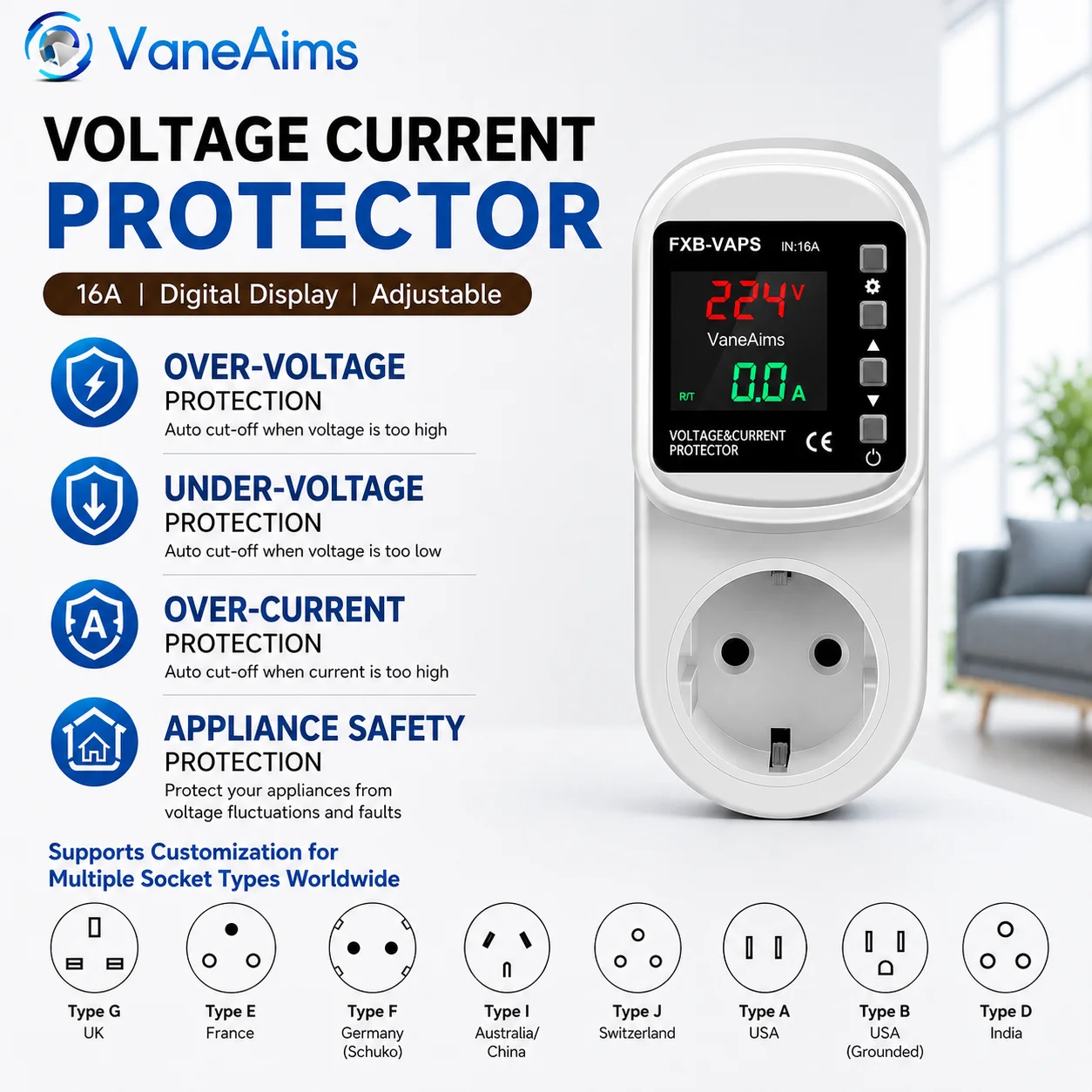 Socket Type Voltage Current Protector AC220V 110V 16A EU UK US South Africa Plug Adjustable Over Under Voltage Protection Socket
Socket Type Voltage Current Protector AC220V 110V 16A EU UK US South Africa Plug Adjustable Over Under Voltage Protection Socket