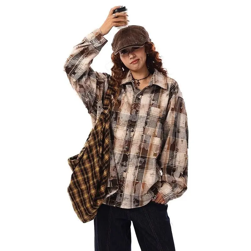American Retro Street Tie-Dye Plaid Shirt Men And Women Spring And Autumn Style Grinding Ripped Design Couple Long-Sleeved Top
American Retro Street Tie-Dye Plaid Shirt Men And Women Spring And Autumn Style Grinding Ripped Design Couple Long-Sleeved Top