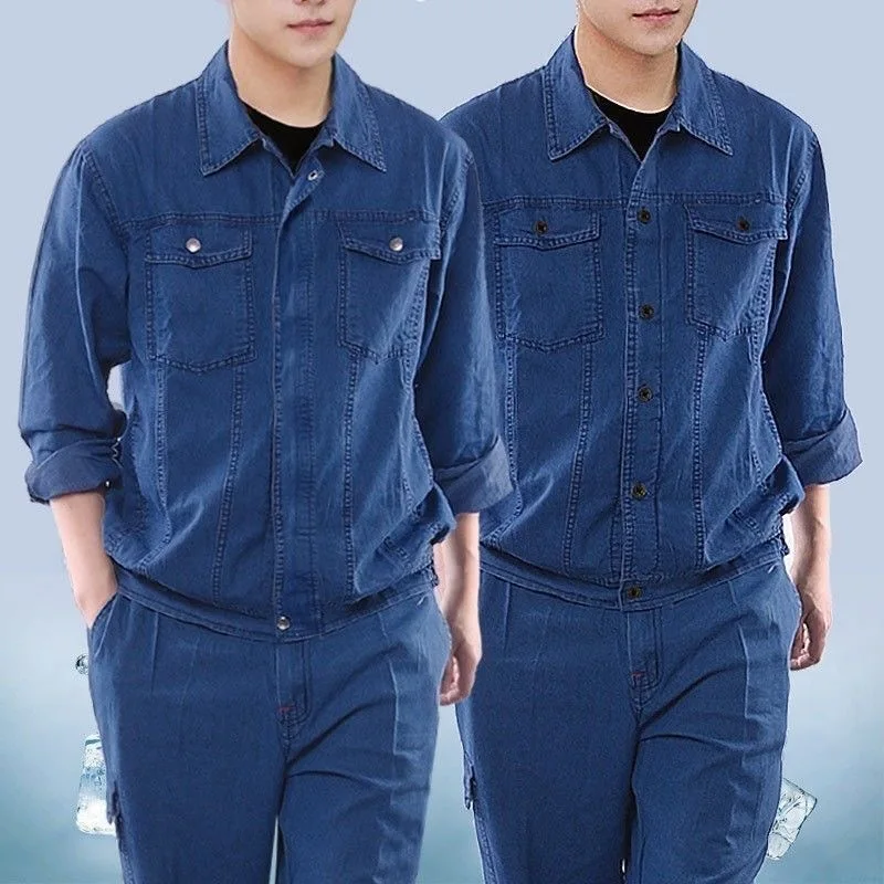 Summer Thin Denim Workwear Set for Men Welding Protective Clothing with Multiple Pockets Stand Collar Lightweight Cotton Blend
Summer Thin Denim Workwear Set for Men Welding Protective Clothing with Multiple Pockets Stand Collar Lightweight Cotton Blend