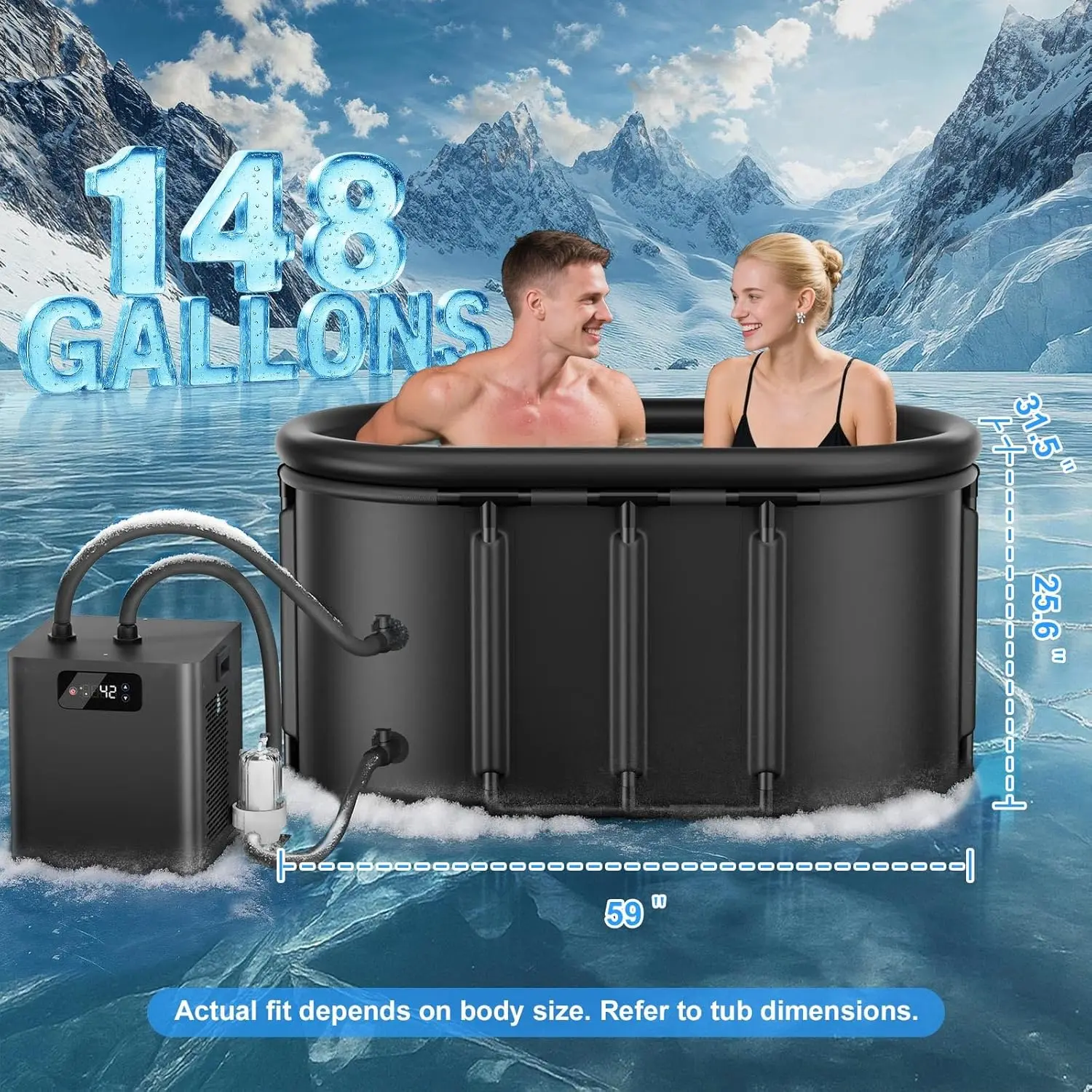 1/3 HP Ice Bath Chiller & Cold Plunge Tub Kit, External Filter & Pump, 148Gal XXL, Custom
1/3 HP Ice Bath Chiller & Cold Plunge Tub Kit, External Filter & Pump, 148Gal XXL, Custom