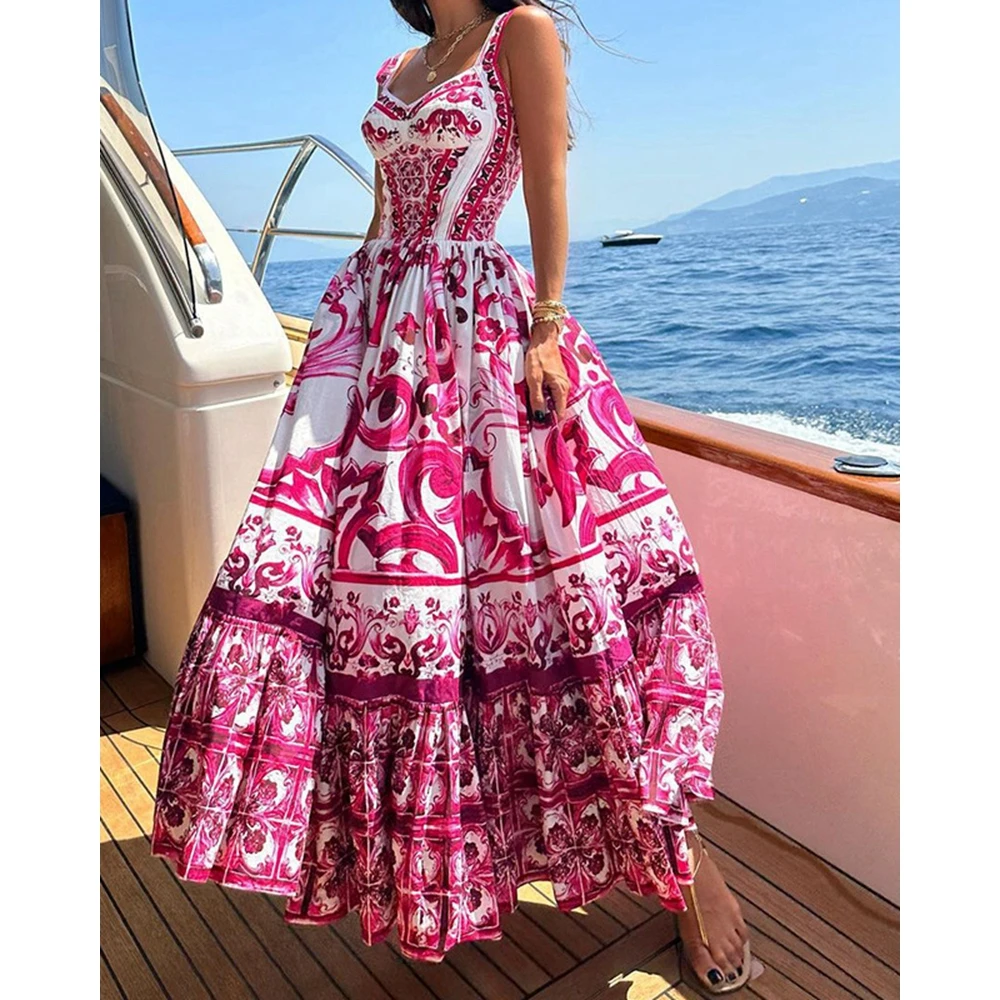 Casual Floral Print Spaghetti Strap Shirring Maxi Dress Summer Women Sleeveless Large Swing Long Dresses Elegant Evening Outfits
Casual Floral Print Spaghetti Strap Shirring Maxi Dress Summer Women Sleeveless Large Swing Long Dresses Elegant Evening Outfits
